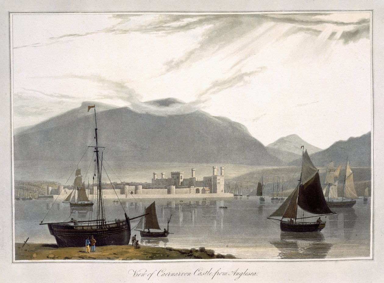منظر لقلعة Caenarvon من Anglesea ، من "رحلة حول بريطانيا العظمى بين عامي 1814 و 1825" ، تم نشره عام 1814 بواسطة وليام دانييل