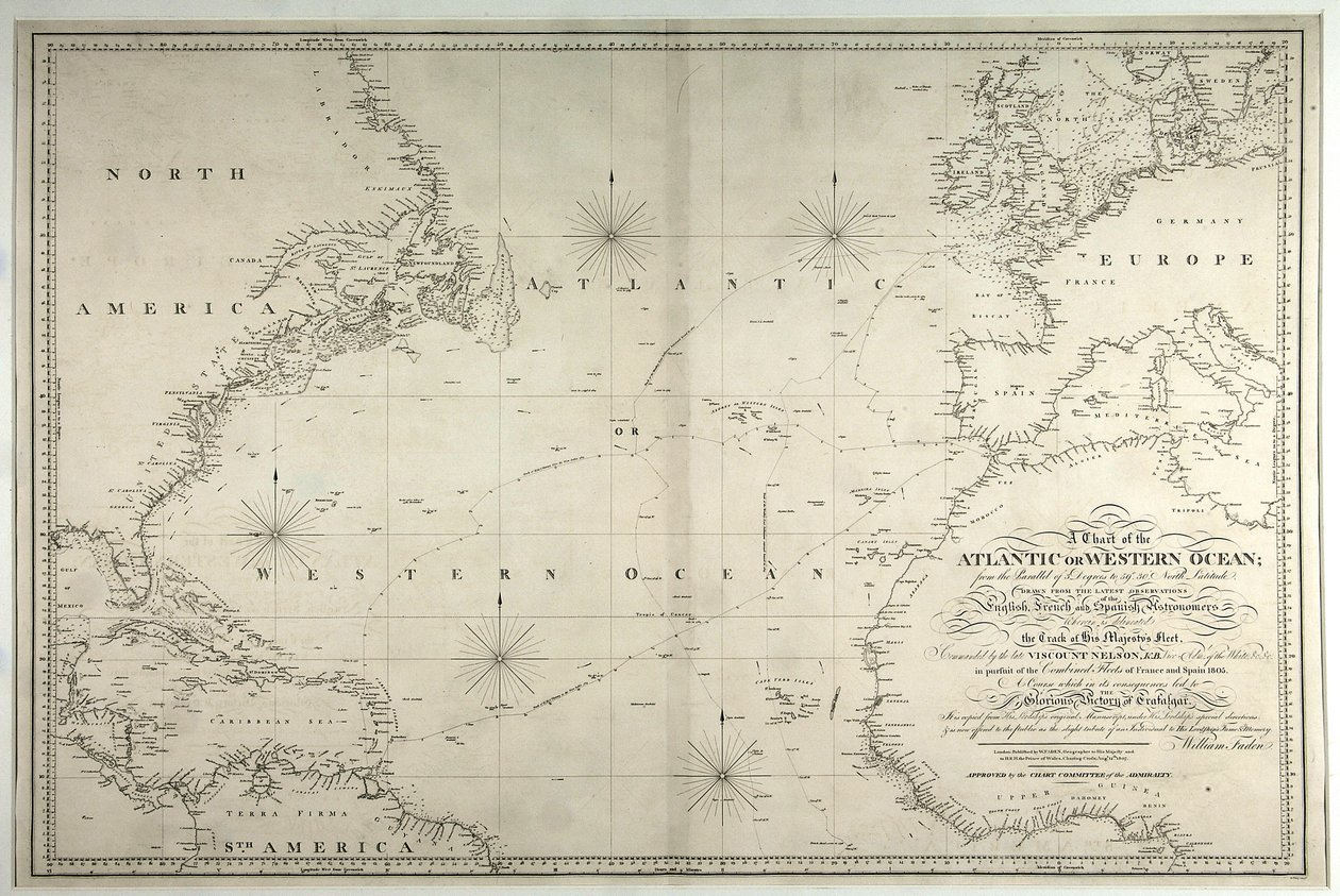 رسم بياني للمحيط الأطلسي أو الغربي ، يوضح مسار أسطول نيلسون ، 12 مايو - 15 أغسطس 1805 ، 1807 بواسطة وليام فادن