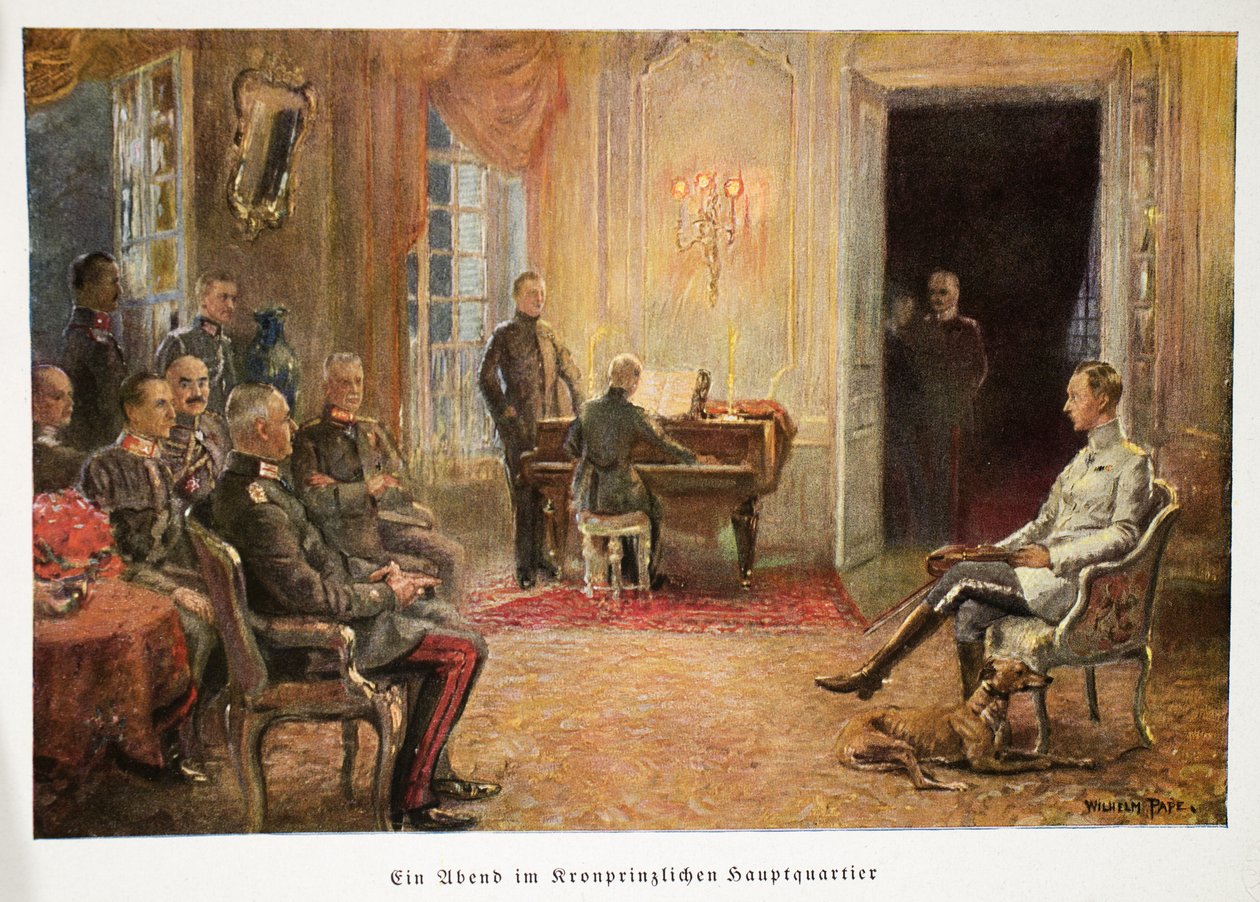 وليام ، ولي عهد ألمانيا ، يستمع إلى حفل بيانو في مقره ، الحانة. 1917 (الطباعة الحجرية الملونة) بواسطة وليام فريدريش جورج بيب