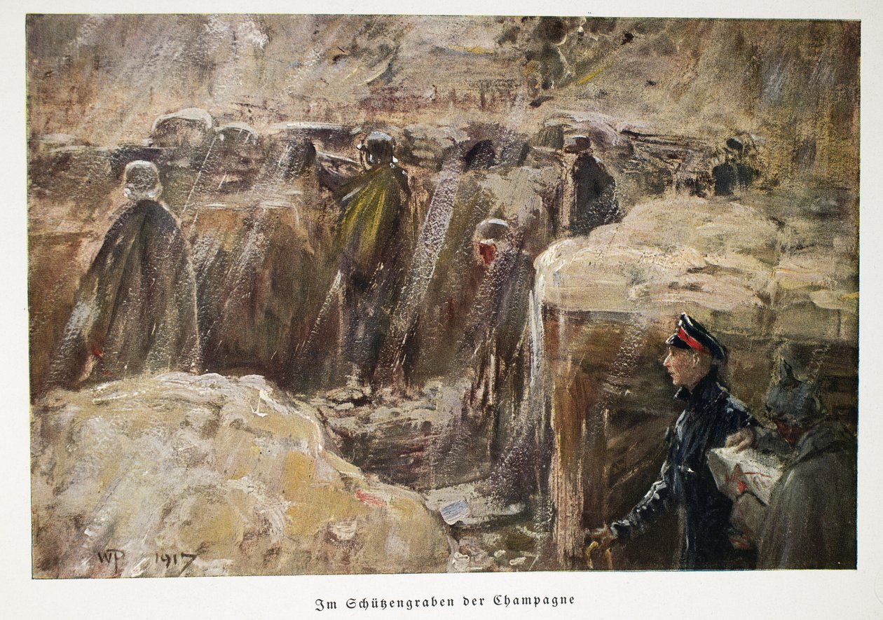 وليام ، ولي عهد ألمانيا ، يزور القوات وراء الخطوط في خنادقهم في حانة شامبان. 1917 (الطباعة الحجرية الملونة) بواسطة وليام فريدريش جورج بيب