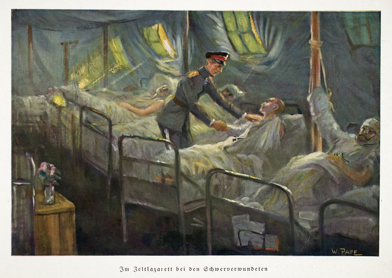 وليام ، ولي عهد ألمانيا ، يزور الجنود الجرحى في مستشفى ميداني ، حانة. c1917 (الطباعة الحجرية الملونة) بواسطة وليام فريدريش جورج بيب
