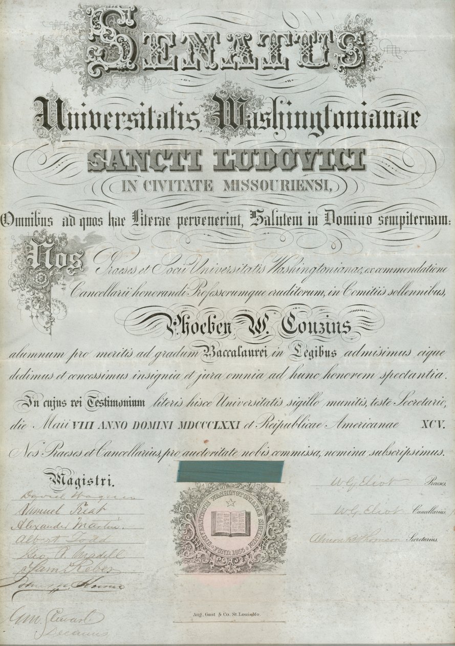 دبلوم جامعة واشنطن في فيبي كوزينز ، وقع الرئيس WG Eliot et al. ، 8 مايو 1871 بواسطة وليام غرينليف إليوت