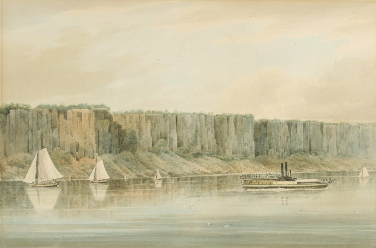 منظر من Palisades ، نيو جيرسي: دراسة تحضيرية للوحة 19 من نهر Hudson River PortFolio ، 1820 (ألوان مائية ، جرافيت ، خدش بلمسات من الغواش على الورق ، وضعت على البطاقة.) بواسطة وليام غي وول