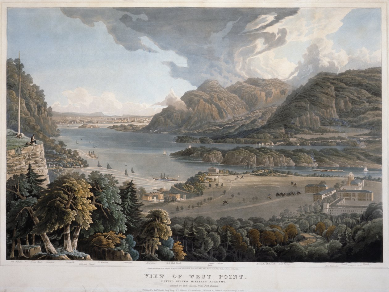 منظر لويست بوينت ، الأكاديمية العسكرية للولايات المتحدة ، 1848 (أكواتنت ملون يدويًا ونقش على ورق منسوج) بواسطة وليام هافل