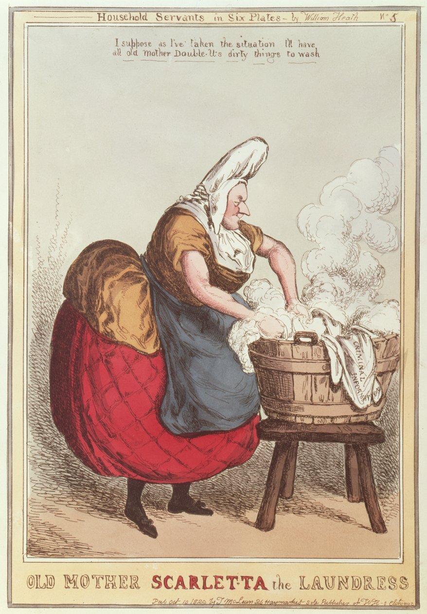 الأم العجوز سكارليتا المغسلة ، رقم 5 من سلسلة الخدم المنزليين ، نُشرت عام 1829 بواسطة وليام هيث