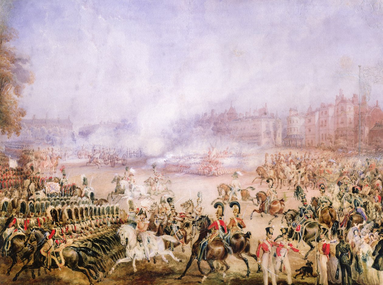 تحية يوم الملكة الملكة فيكتورياس ، هايد بارك ، لندن ، 1837 (قلم رصاص ، صمغ عربي ، مرحاض وغواش على ورق) بواسطة وليام هيث