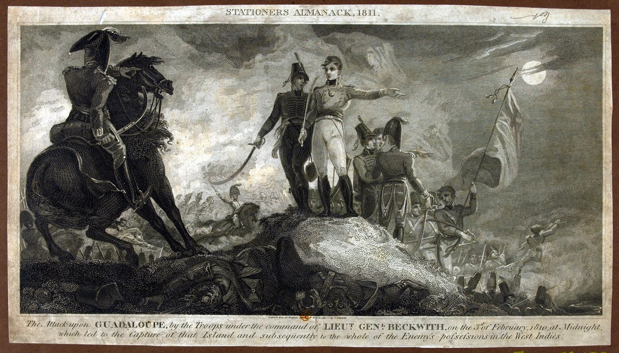 الهجوم على غواديلوب ، من قبل القوات تحت قيادة الفريق بيكويث ، في 3 فبراير 1810 في منتصف الليل ، من "تقويم المحطة" ، منقوش بواسطة ت. إدواردز ، نشر في عام 1810 (شارك بواسطة وليام هنري بروك