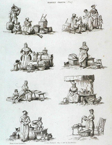 مجموعات السوق ، من Microcosm ، Vol.II ، محفورة بواسطة J. Hill ، c.1806 بواسطة وليام هنري بعد Pyne