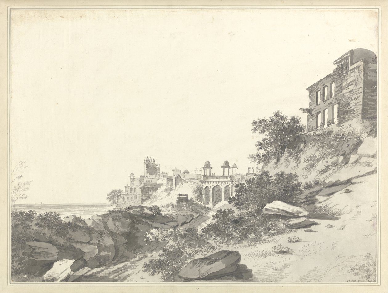 منظر لأطلال القصر والمسجد في فاتيبور سيكري ، ج 1783 (غسيل وغرافيت على ورق) بواسطة وليام هودجز