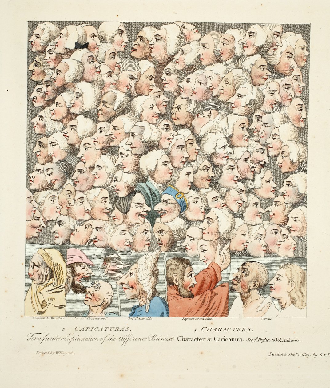 الشخصيات والرسوم الكاريكاتورية ، نشر في أبريل 1743 ، رسم توضيحي من "Hogarth Restored: The Whole Works of the William William Hogarth الشهير ، أعيد نقشه بواسطة Thomas Cook" ، الحانة. 1812 (engra اليد الملونة بواسطة وليام هوغارث