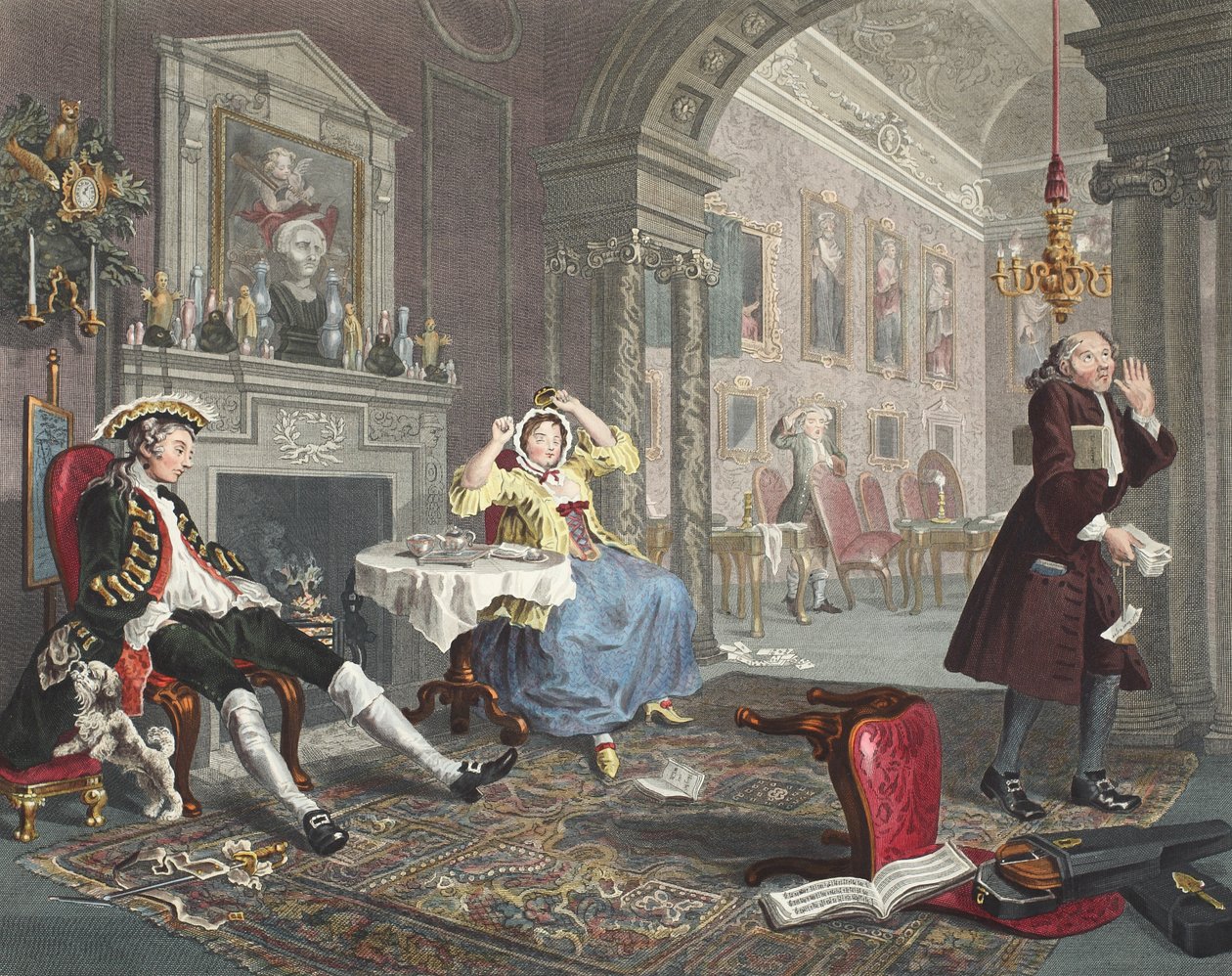 الزواج من الوضع ، اللوحة الثانية ، Tete a Tete ، توضيح من `` Hogarth Restored: The All Works of the Celebrated William William Hogarth ، أعيد نقشه بواسطة Thomas Cook &39;، الحانة. 1812 (نقش يدوي) بواسطة وليام هوغارث