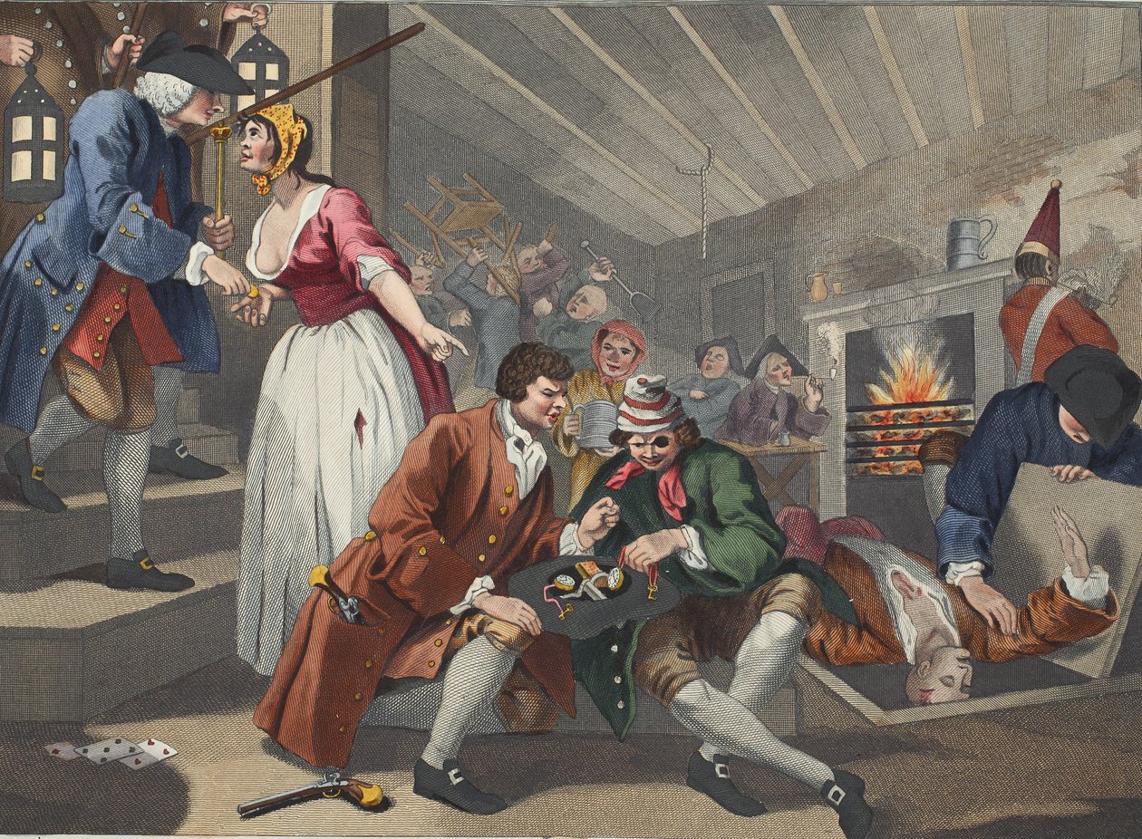 الخمول "برنتيس خيانة من قبل عاهرة ، اللوحة التاسعة من" الصناعة والبطالة ، التوضيح من "Hogarth Restored: The Whole Works of the Celebrated William William Hogarth ، re-engraved by Thomas Cook" ، pu بواسطة وليام هوغارث