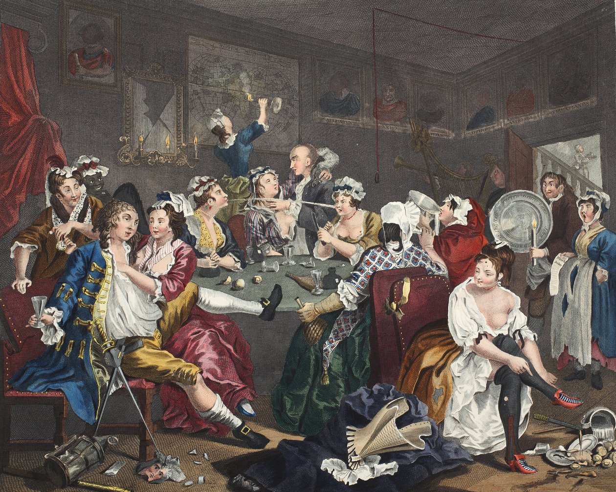 The Orgy ، اللوحة الثالثة من "A Rake&39;s Progress" ، صورة توضيحية من "Hogarth Restored: The Whole Works of the Celebrated William William Hogarth ، أعيد نقشه بواسطة توماس كوك" ، الحانة. 1812 (نقش يدوي) بواسطة وليام هوغارث