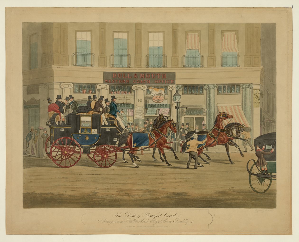 مدرب دوق بوفورت ، بدءًا من Bull & Mouth ، سيرك ريجنتس ، بيكاديللي ، حانة. 1841 (ألوان مائية يدوية) بواسطة وليام جوزيف شاير
