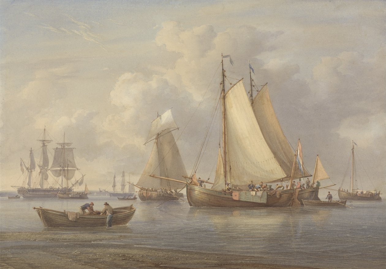 قوارب الصيد الهولندية في مرساة في مصب ، c.1850-60 (مرحاض مع كشط ولثة على ورق) بواسطة ويليام جوي