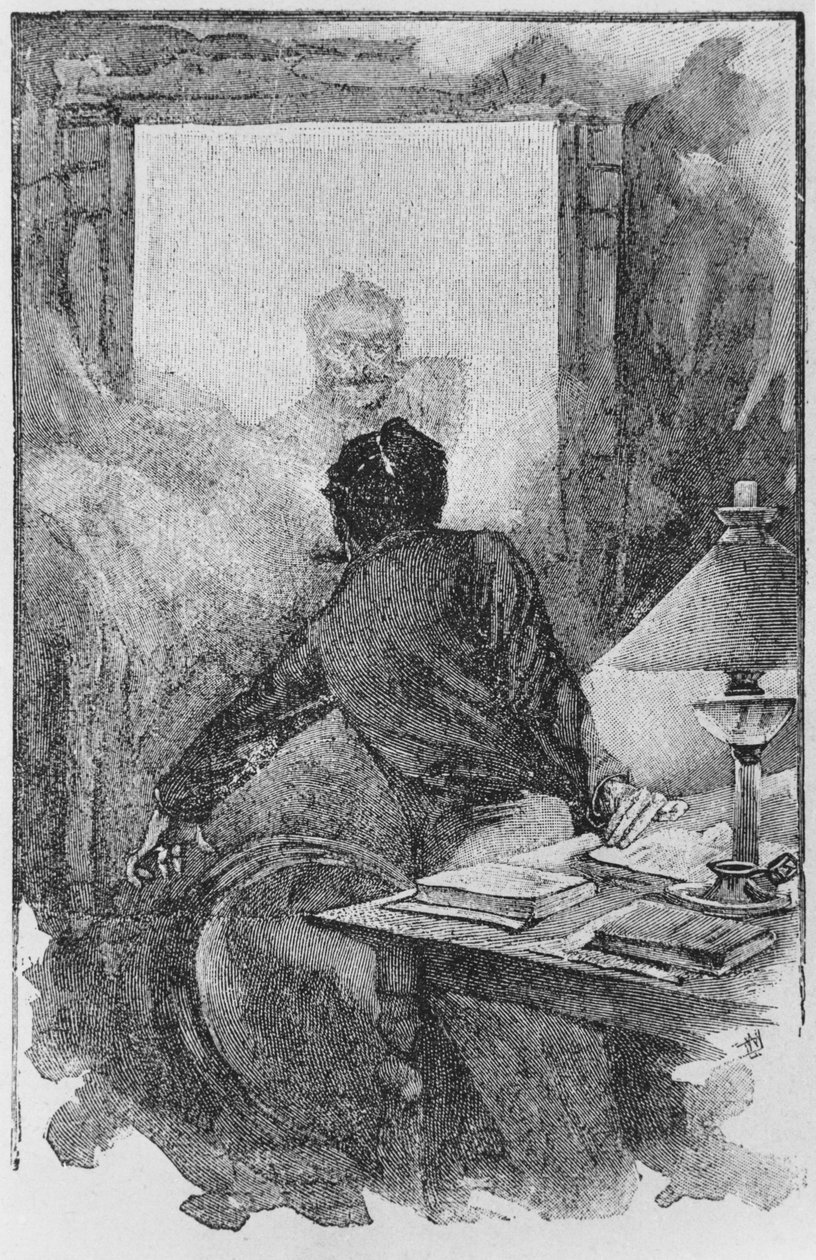 الراوي و Horla ، رسم توضيحي من "Le Horla" بقلم Guy de Maupassant (1850-1893) نقشه جورج ليموين ، باريس ، طبعات Albin Michel ، c.1910 (نقش الخشب) بواسطة وليام جوليان دمازي