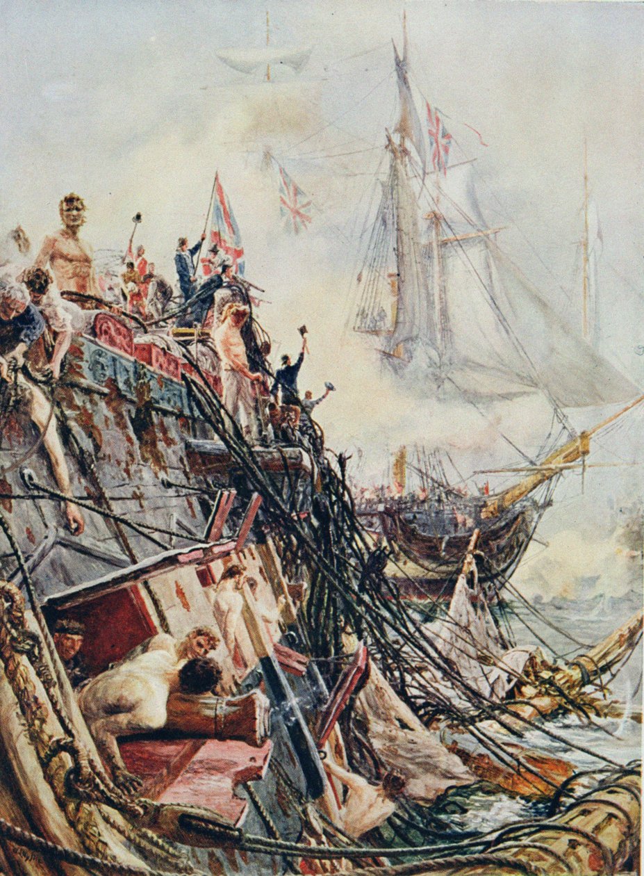 معاق ولكن غير مقيد: "Belleisle" في معركة Trafalgar ، 21 أكتوبر 1805 ، من "المعارك البريطانية في البر والبحر" حرره السير إيفلين وود (1838-1919) نشر لأول مرة عام 1915 (لون ليثو بواسطة وليام ليونيل ويلي