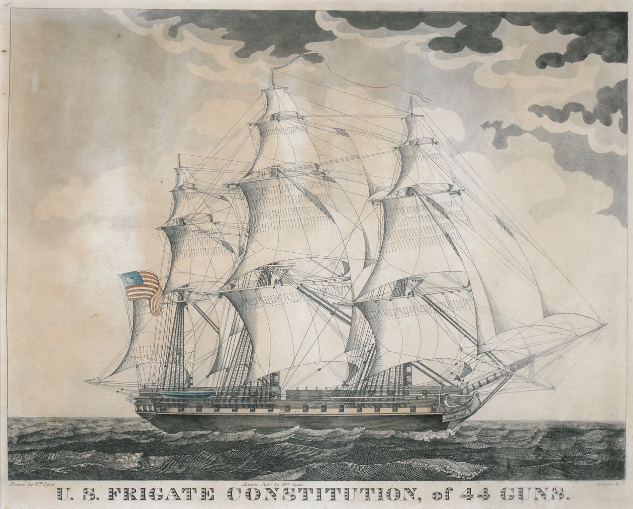 دستور الفرقاطة الأمريكي ، من 44 بندقية ، نقشها هابيل بوين (م 1790) ج .1812 (نقش ملون باليد وخط مائي) بواسطة وليام لين