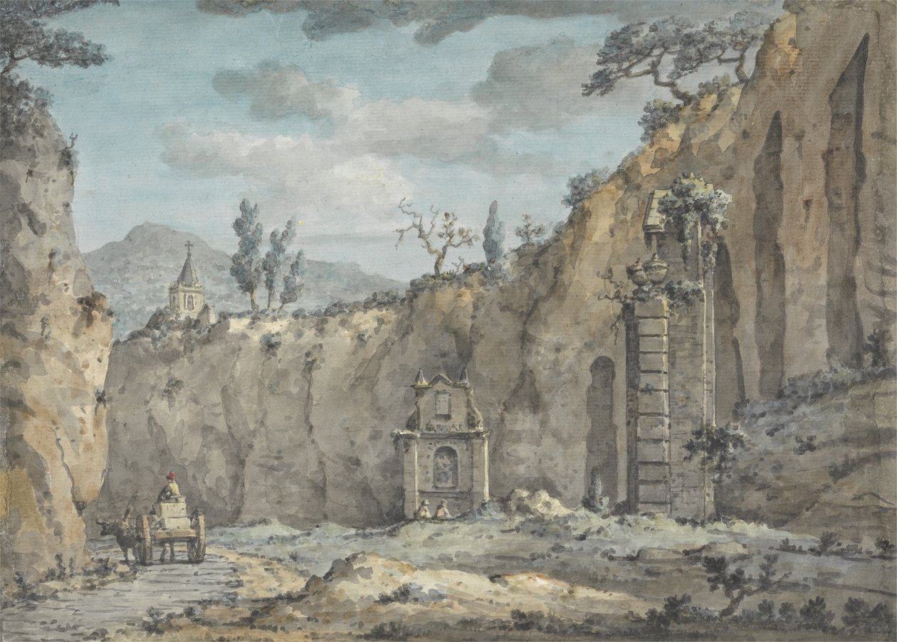 Oxcart في الكهف في Posillipo ، c.1770 (مرحاض فوق الجرافيت على الورق) بواسطة وليام مارلو