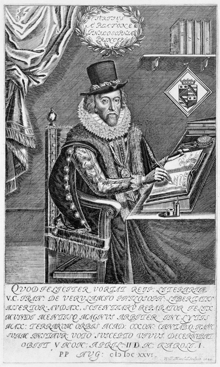 صورة لفرانسيس بيكون (1561-1626) Viscount of St. Albans الكتابة في مكتبه ، 1640 بواسطة وليام مارشال