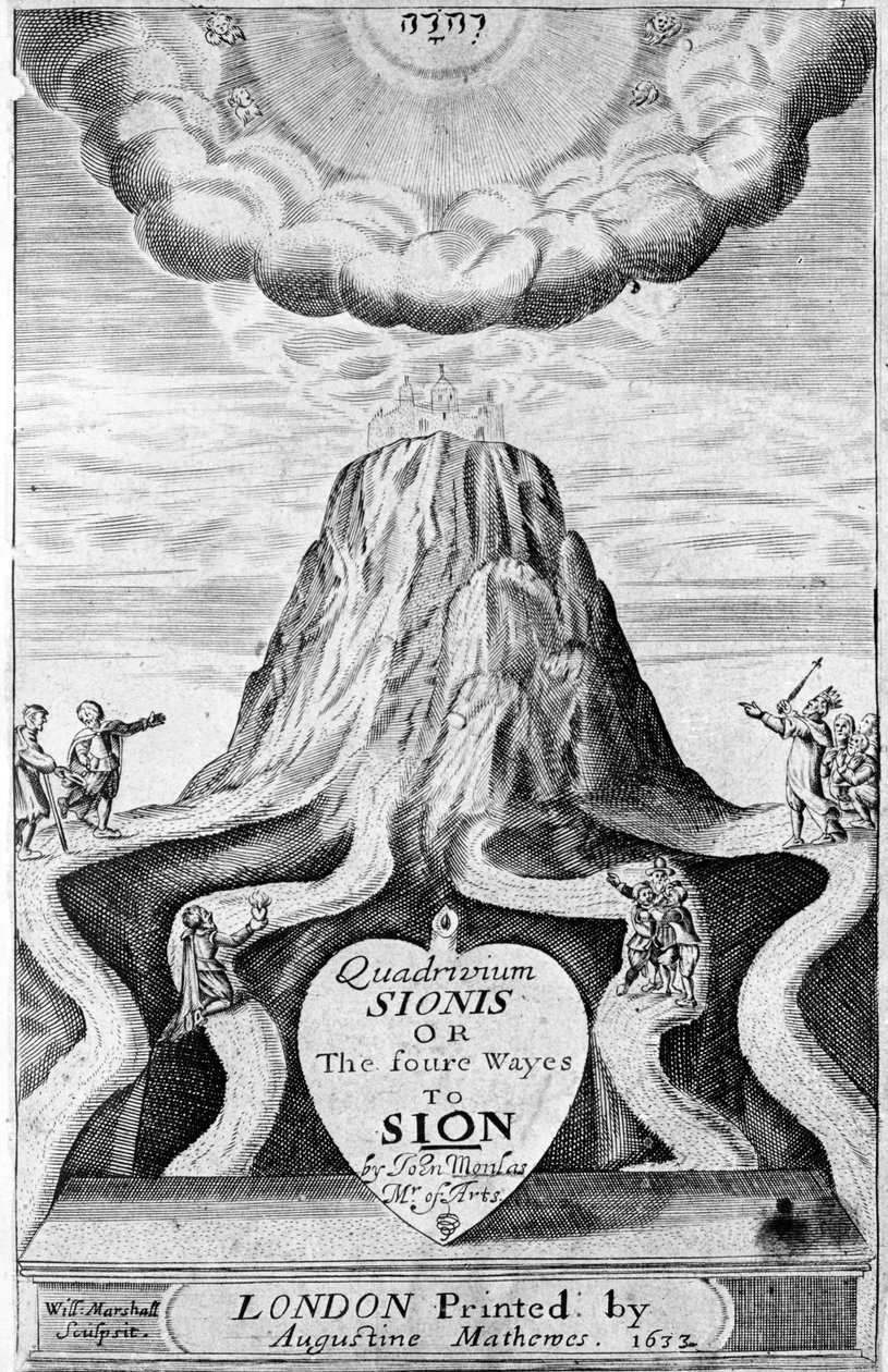 صفحة العنوان لـ "Quadrivium Sionis أو الطرق الخارقة لـ Sion" ، بقلم جون مونلاس ، 1633 بواسطة وليام مارشال