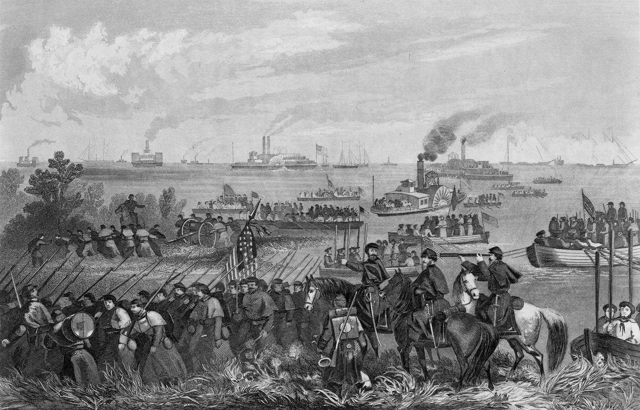 هبوط القوات في جزيرة رونوك ، رحلة برنسايد ، 8 فبراير 1862 ، منقوش بواسطة جورج إي. بيرين بواسطة وليام مومبرغر