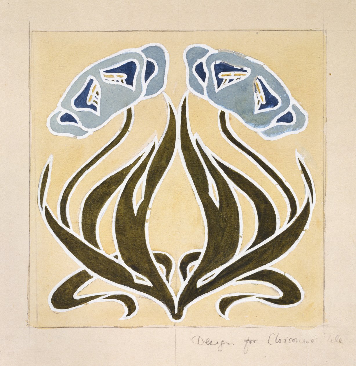 تصميم ل "Minstrel Tile" (قلم بحبر أزرق وألوان مائية وجرافيت على ورق أبيض غير متغير اللون) بواسطة وليام موريس