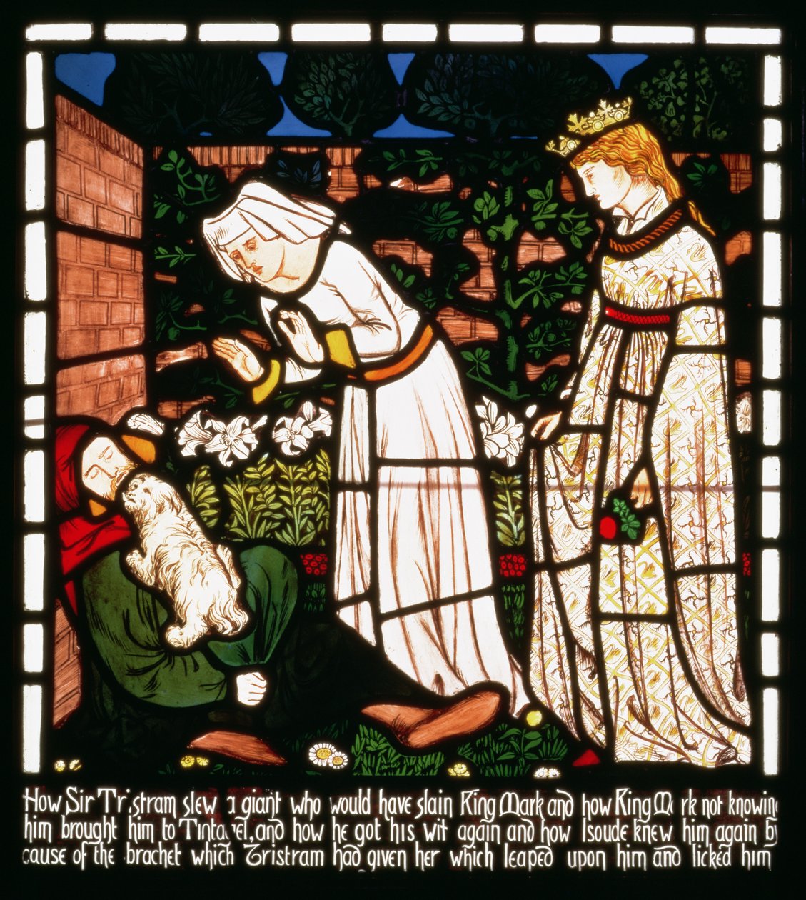 تم التعرف على السير تريستان من قبل Isolde the Fair dog ، من `` The Story of Tristan and Isolde &39;&39; ، William Morris und Co. (زجاج ملون) بواسطة وليام موريس