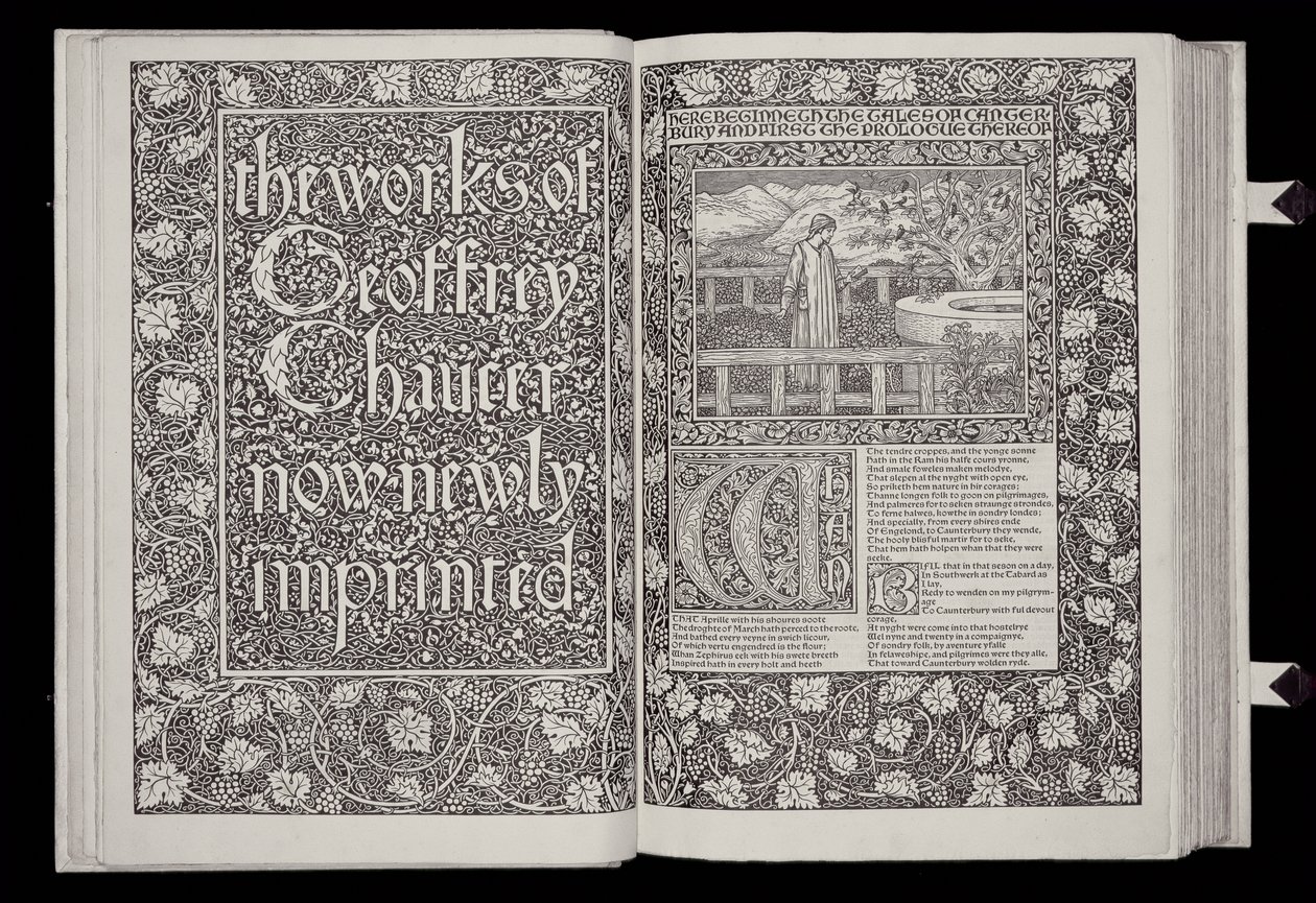 صفحة العنوان وصورة من "أعمال جيفري تشوسر" ، نشرتها Kelmscott Press ، 1896 (نقش خشبي أسود على ورق) بواسطة وليام موريس