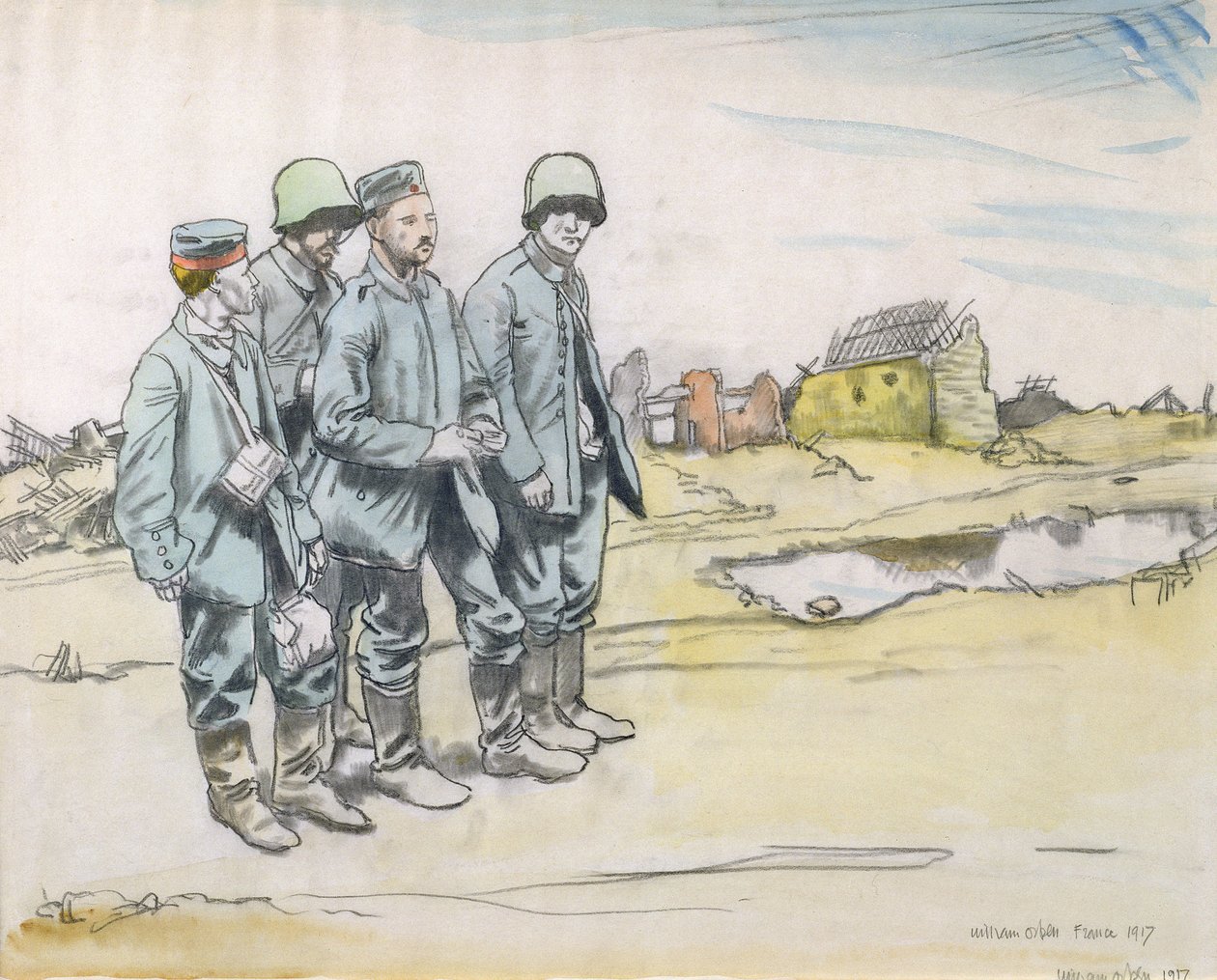 أربعة سجناء ألمان في قرية فرنسية ، 1917 (فحم ومرحاض على ورق) بواسطة وليام أوربن