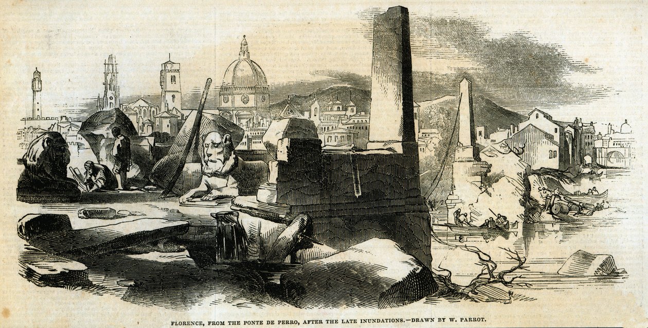 فلورنسا ، من بونتي دي بيرو ، بعد الفيضانات المتأخرة ، من "أخبار لندن المصورة" ، 4 يناير 1845 بواسطة وليام باروت