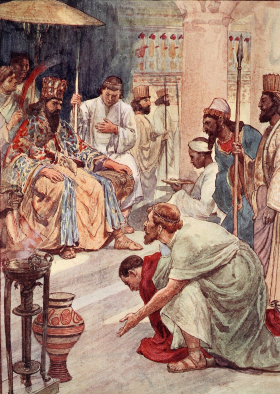 Thermistocles في البلاط الفارسي ، رسم توضيحي من "حياة Plutarch&39;s للأولاد والبنات" ، أعاد سرده WH Weston ، London c.1910 بواسطة وليام ريني