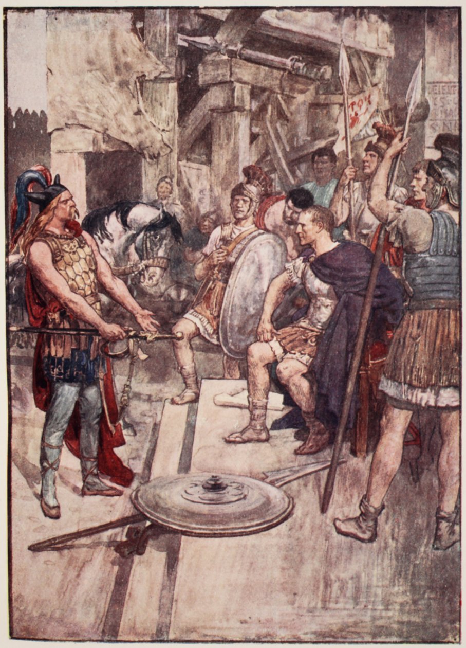 "Vercingetorix رمى ذراعيه عند أقدام الفاتحين" ، لوحة من "قصة فرنسا" لماري ماكغريغور ، 1920 (ليثو ملونة) بواسطة وليام ريني