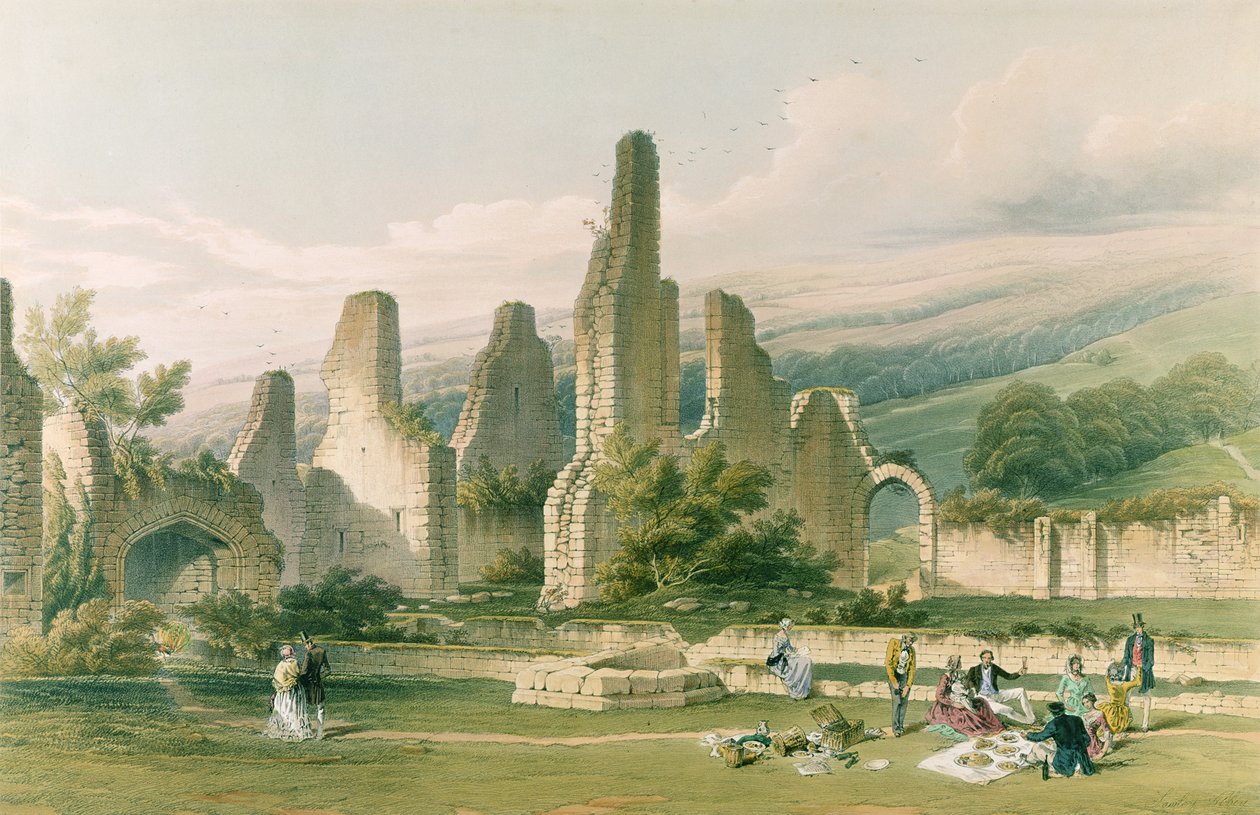 دير ساولي ، من "الآثار الرهبانية في يوركشاير" ، منقوش بواسطة جورج هوكينز (1819-52) ، 1842 بواسطة وليام ريتشاردسون