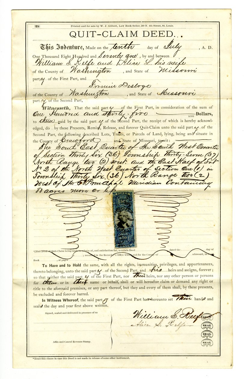 وقعت وثيقة المطالبة بإنهاء William William Reefe و Alice L. Reefe من مقاطعة واشنطن ، 10 يوليو 1871 بواسطة وليام س.ريفي