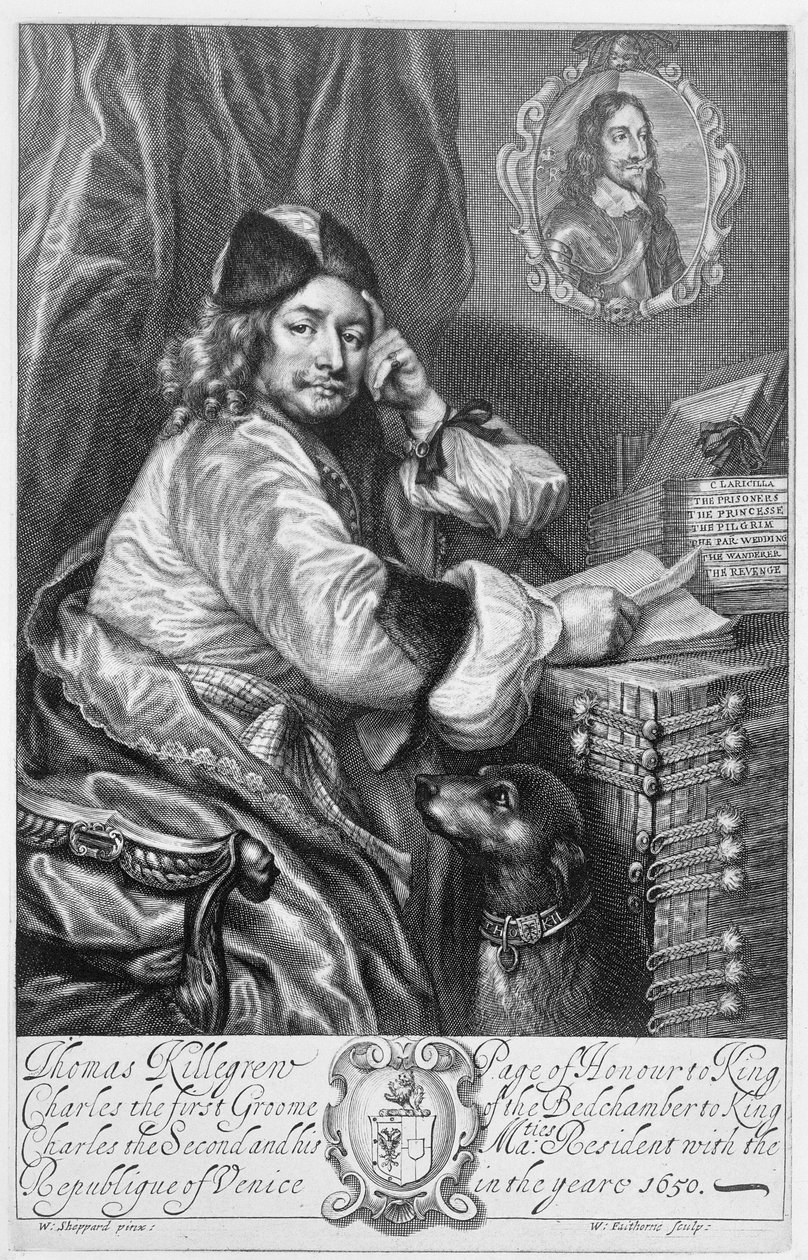صورة لتوماس كيليجرو (1612-83) كاتب مسرحي ترميم ، واجهة لأعماله ، محفورة بقلم ويليام فيثورن (1616-91) 1664 بواسطة وليام لودلو شيبرد