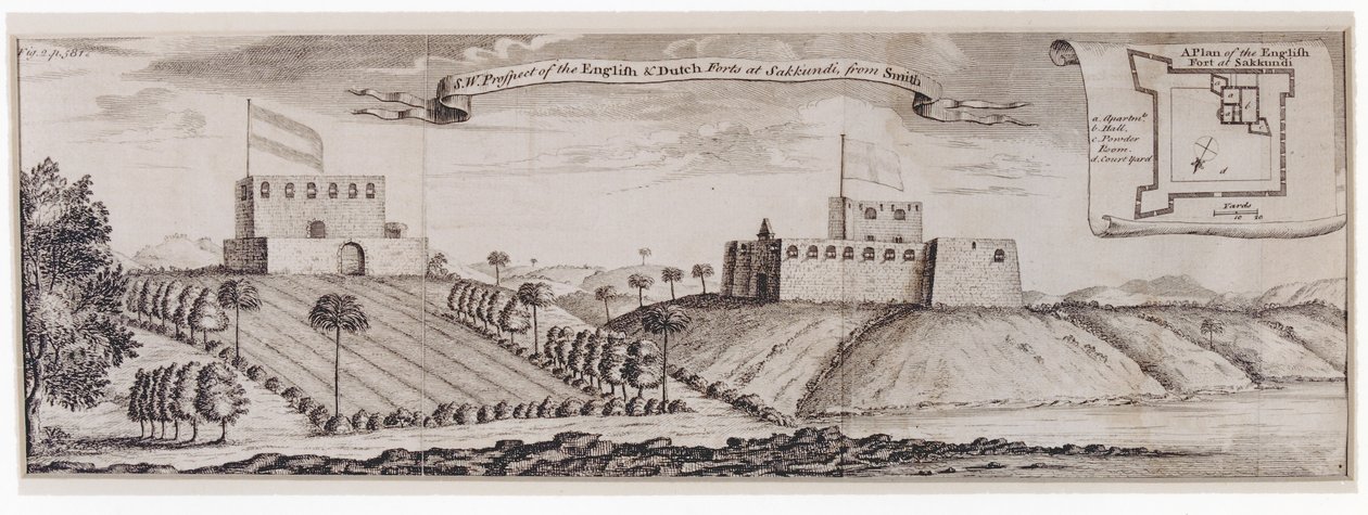 المنظر الجنوبي الغربي للحصن الإنجليزي والهولندي في ساكوندي ، ج .1744 بواسطة وليام سميث
