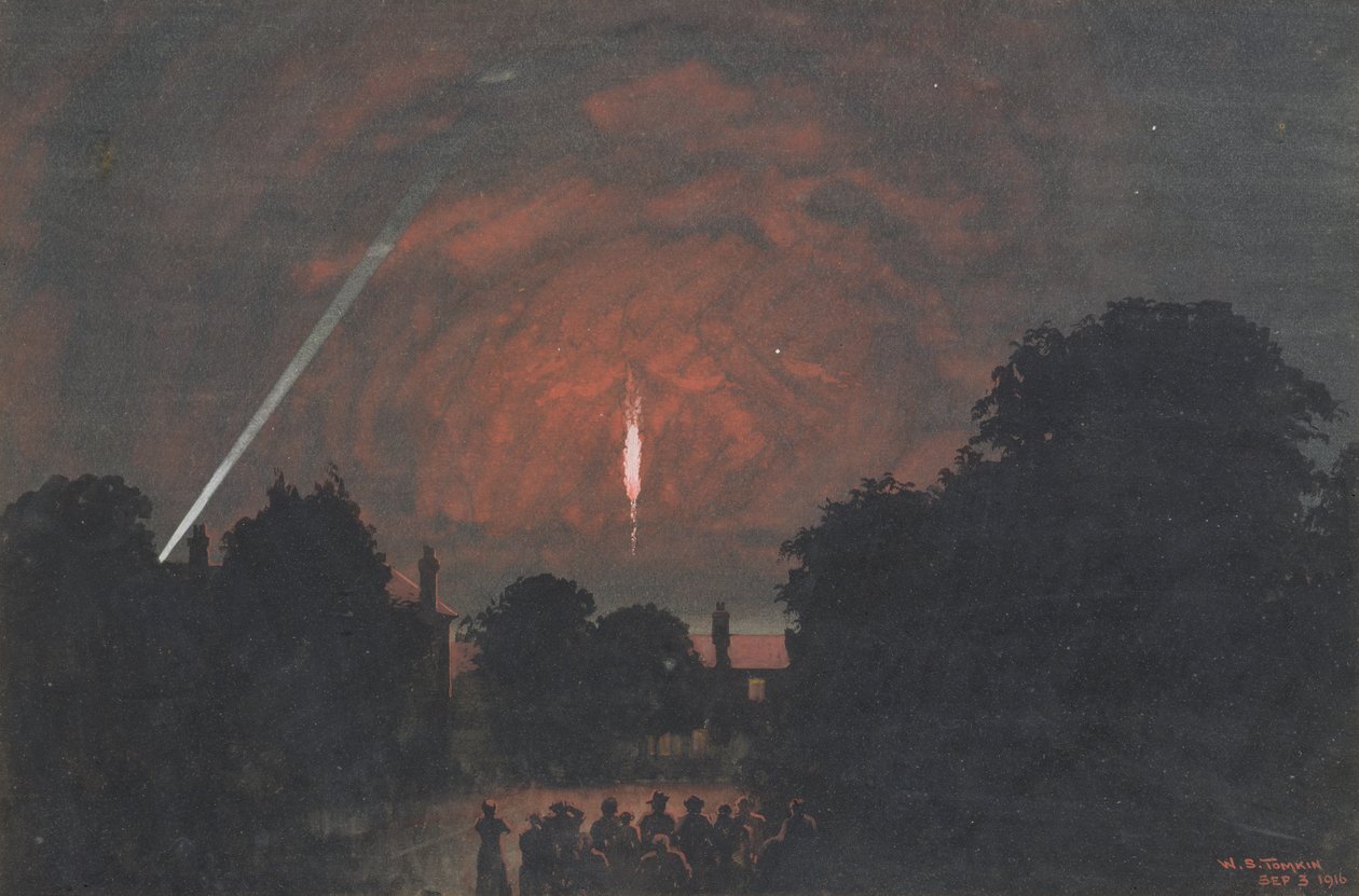ال Zeppelin الذي سقط في Cuffley ، 1916 (مرحاض و bodycolour على ورق) بواسطة وليام ستيفين تومكين