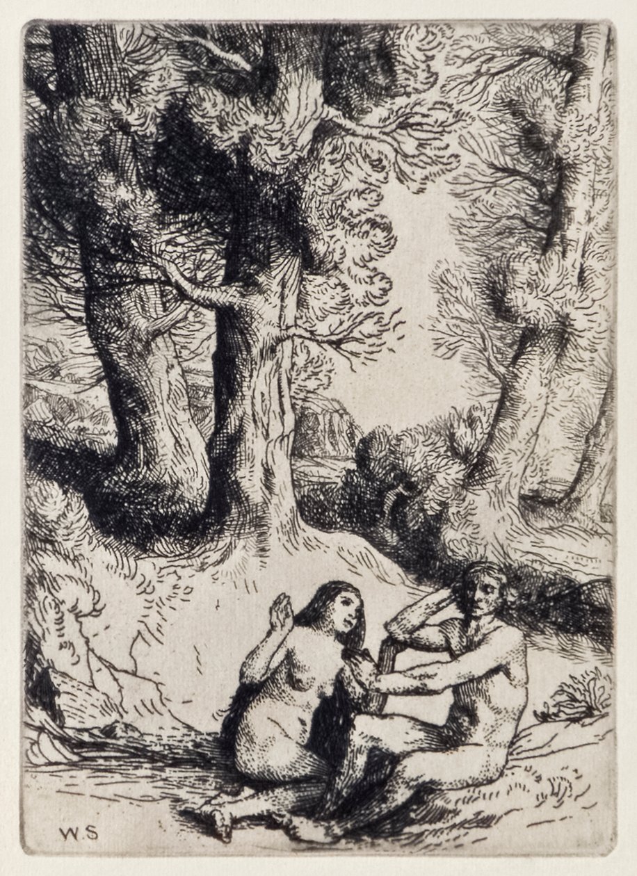 آدم يرفض عزاء حواء من الجنة المفقودة بقلم جون ميلتون (1608-1674) سلسلة من 12 رسماً إيضاحية محفورة بقلم ويليام سترانغ (1859-1921) بواسطة وليام ستراند