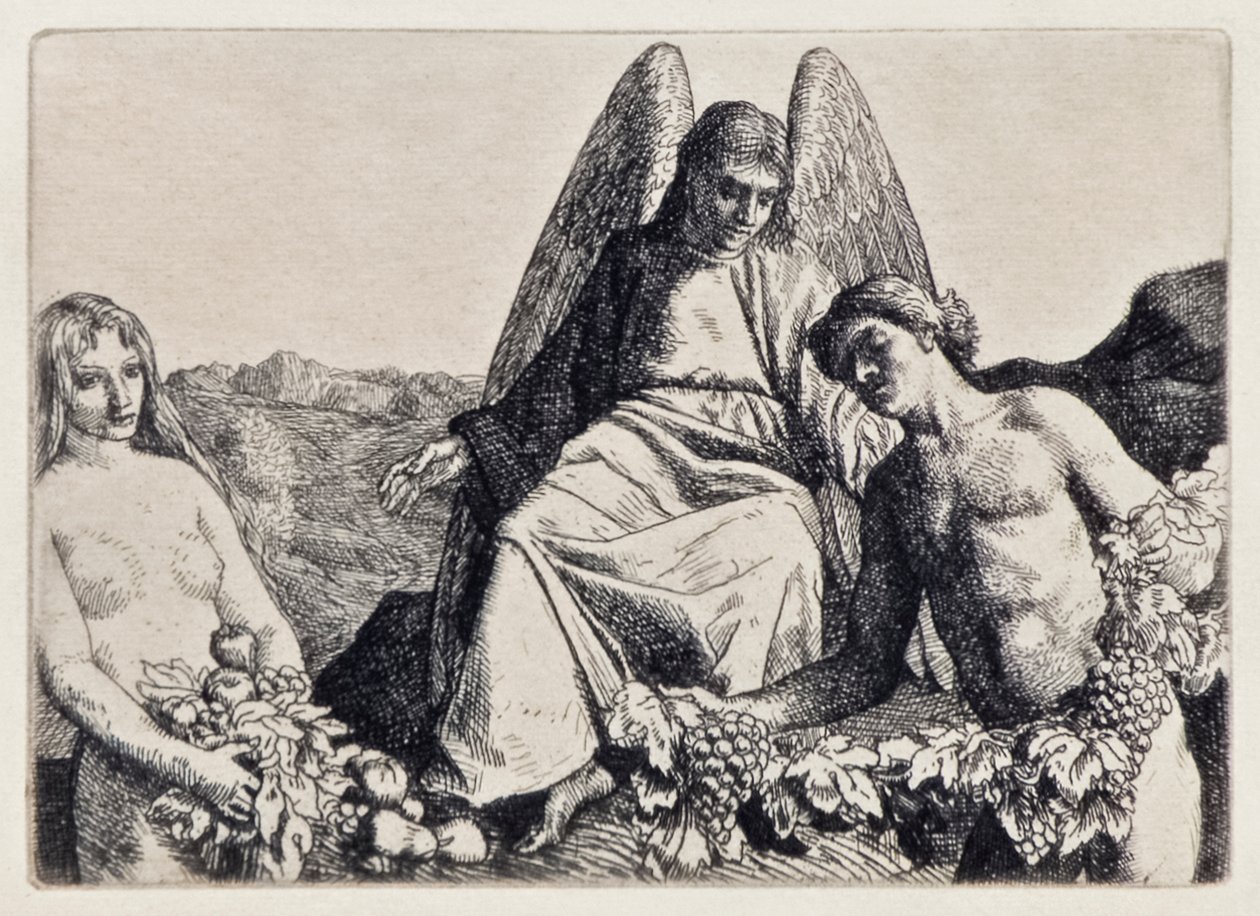 آدم وحواء يرفعون رفائيل من الجنة المفقودة لجون ميلتون (1608-1674) سلسلة من 12 رسماً إيضاحية محفورة بقلم ويليام سترانغ (1859-1921) بواسطة وليام ستراند