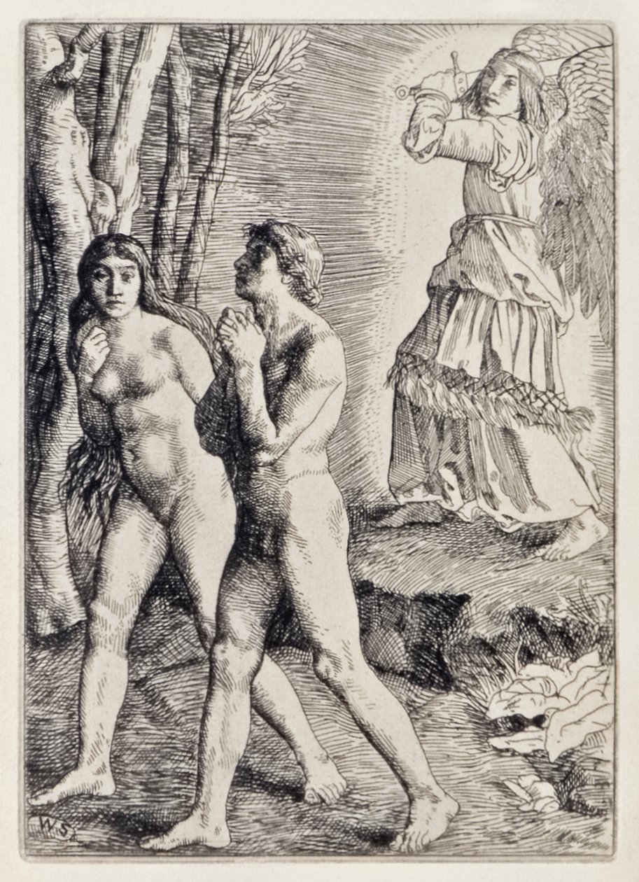 طرد آدم وحواء من الجنة من الجنة المفقودة لجون ميلتون (1608-1674) سلسلة من 12 رسماً إيضاحية محفورة بواسطة ويليام سترانغ (1859-1921) بواسطة وليام ستراند