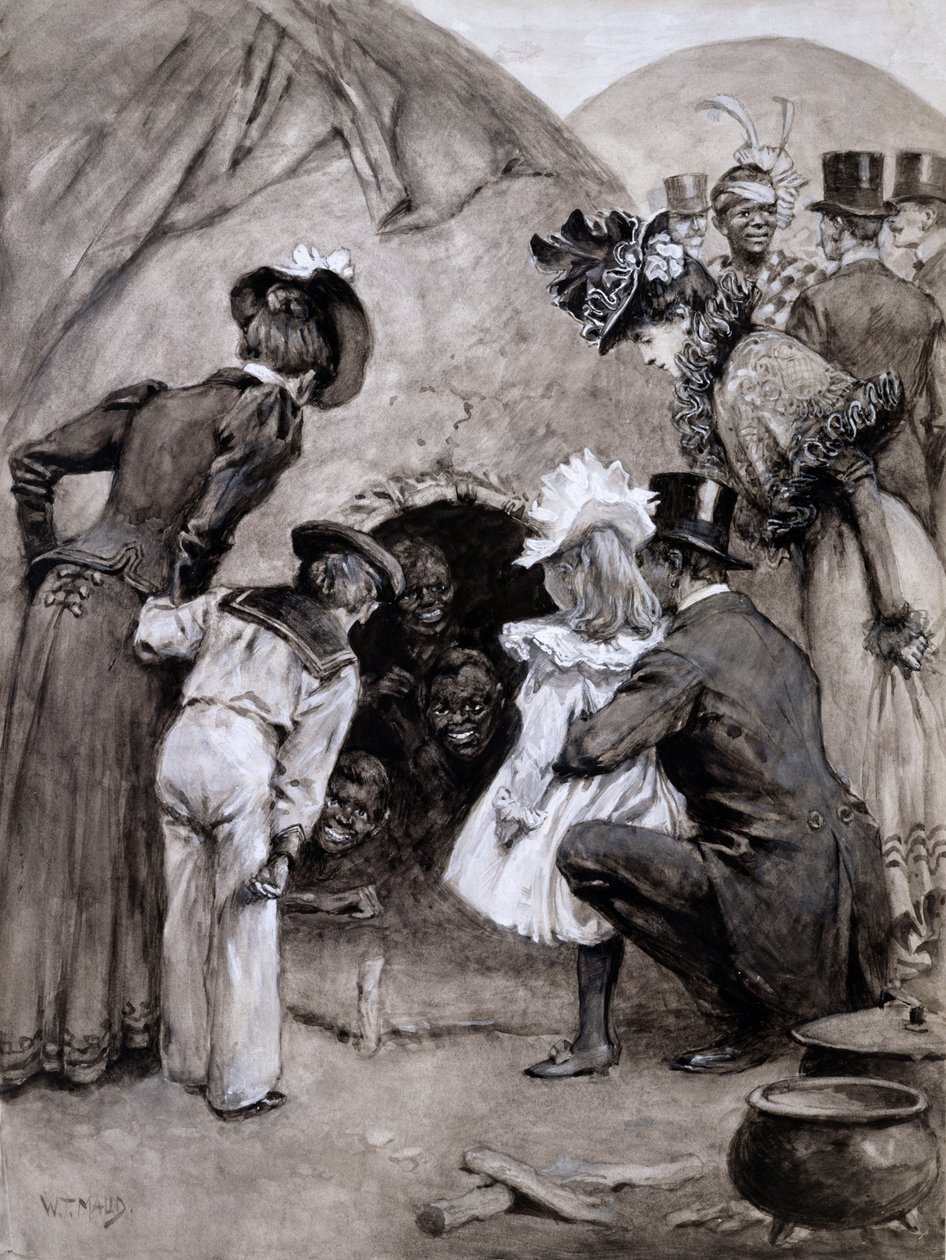 "نظرة خاطفة على السكان الأصليين" ، سافاج جنوب إفريقيا في محكمة إيرل ، 1899 (قلم وغسول على ورق) بواسطة وليام ت. مود