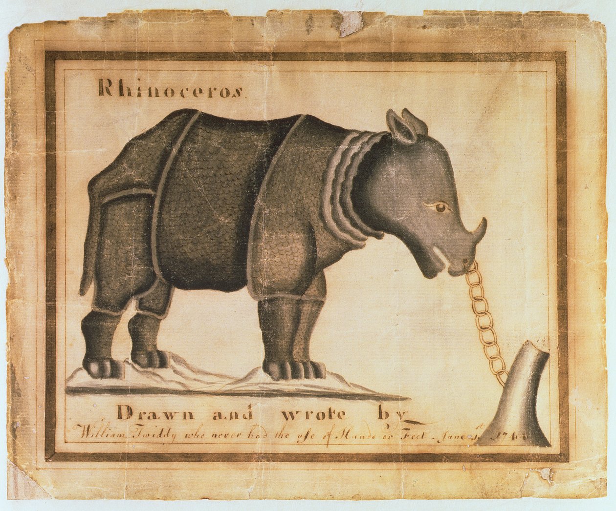 وحيد القرن ، رسمه وكتبه ويليام تودي الذي لم يكن يستخدم اليدين أو القدمين ، 1 يونيو 1744 (مرحاض على الورق) بواسطة وليام تودي