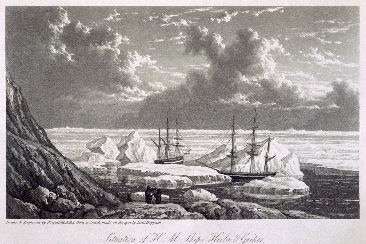 حالة سفن جلالة Hecla und Griper من 17 إلى 23 أغسطس 1820 ، من "مجلة رحلة لاكتشاف ممر شمالي غربي من المحيط الأطلسي إلى المحيط الهادئ تم إجراؤها في Y بواسطة وليام ويستال
