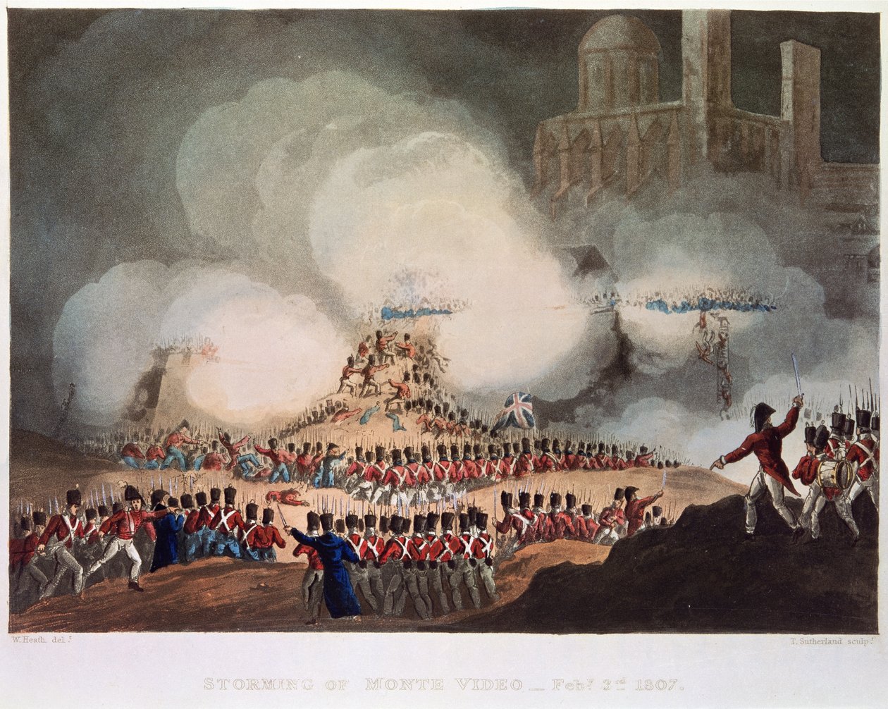 اقتحام مونت فيديو ، 3 فبراير 1807 ، نقش توماس سذرلاند (BC1785) بواسطة وليام بعد هيث