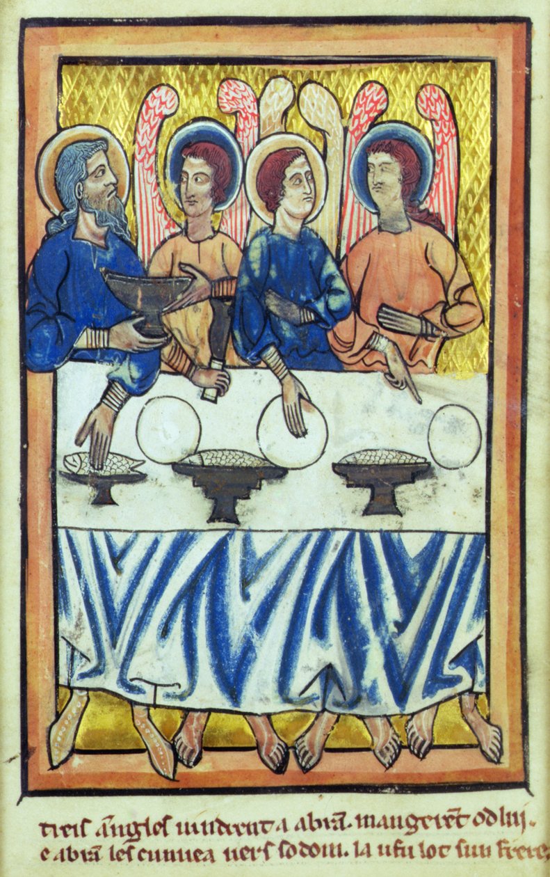 إبراهيم والملائكة الثلاثة ، من كتاب صور الكتاب المقدس ، ج 1250 بواسطة وليام دي برايلز