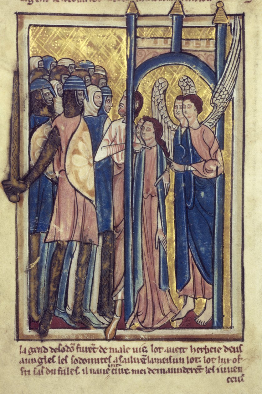 يقدم لوط بناته لسكان سدوم ، من كتاب صور الكتاب المقدس ، ج .1250 بواسطة وليام دي برايلز
