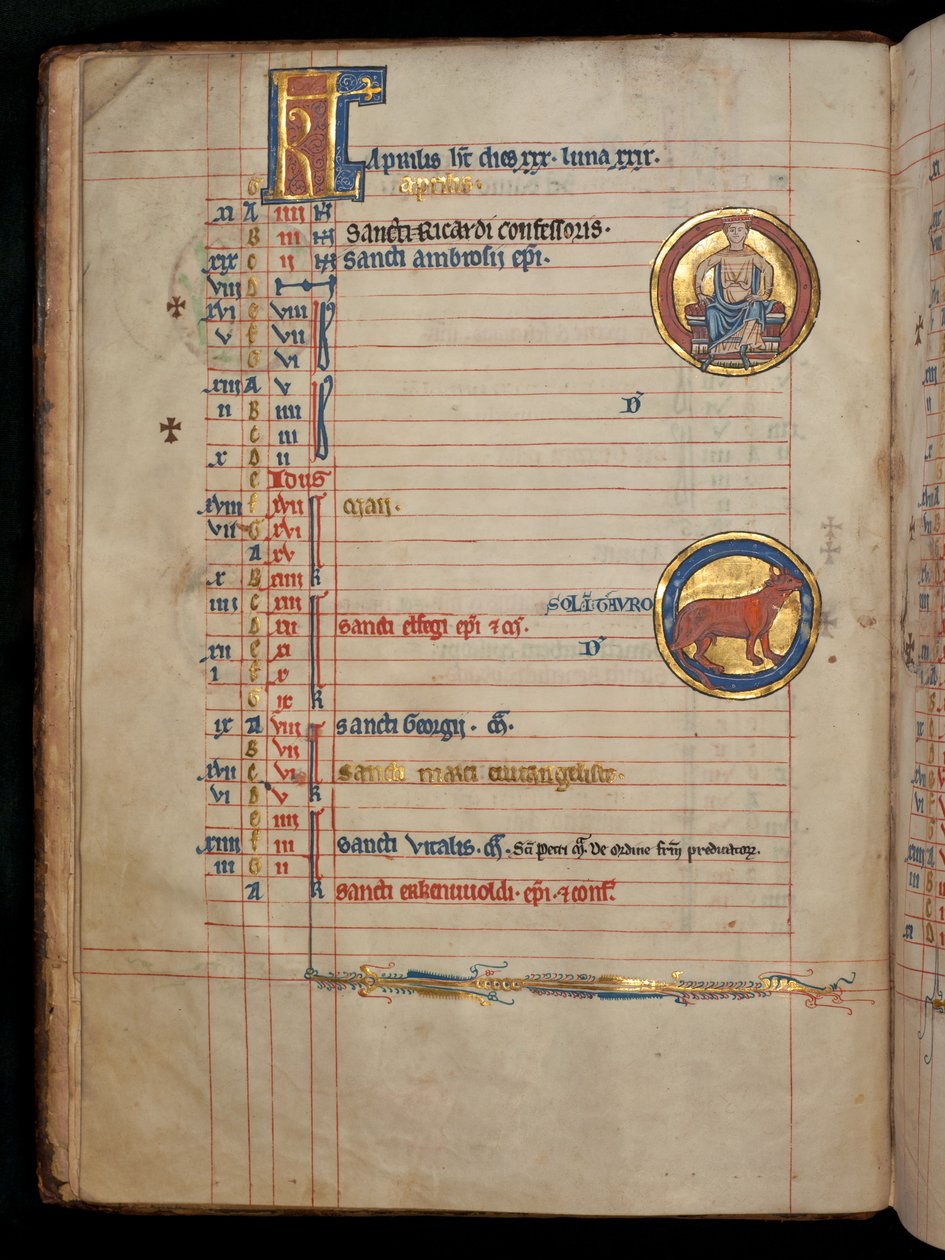 السيدة 322 f.2v ، أبريل ، رجل جالس يحمل وردين ، رسم توضيحي من "مزامير De Brailes" ، ص .1250 بواسطة وليام دي برايلز