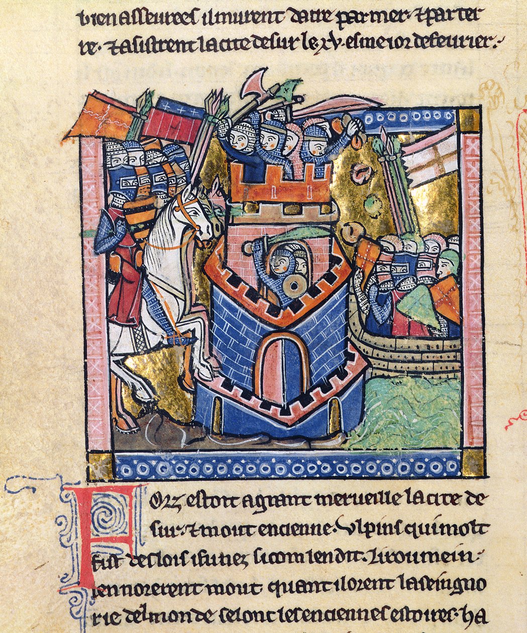 Fr 2630 f.111v صور محاصرة من قبل الأسطول الفينيسي ومحاصرة من قبل فارس الصليبي ، من Estoire d&39;Outremer (الرق وأوراق الذهب) بواسطة وليام صور