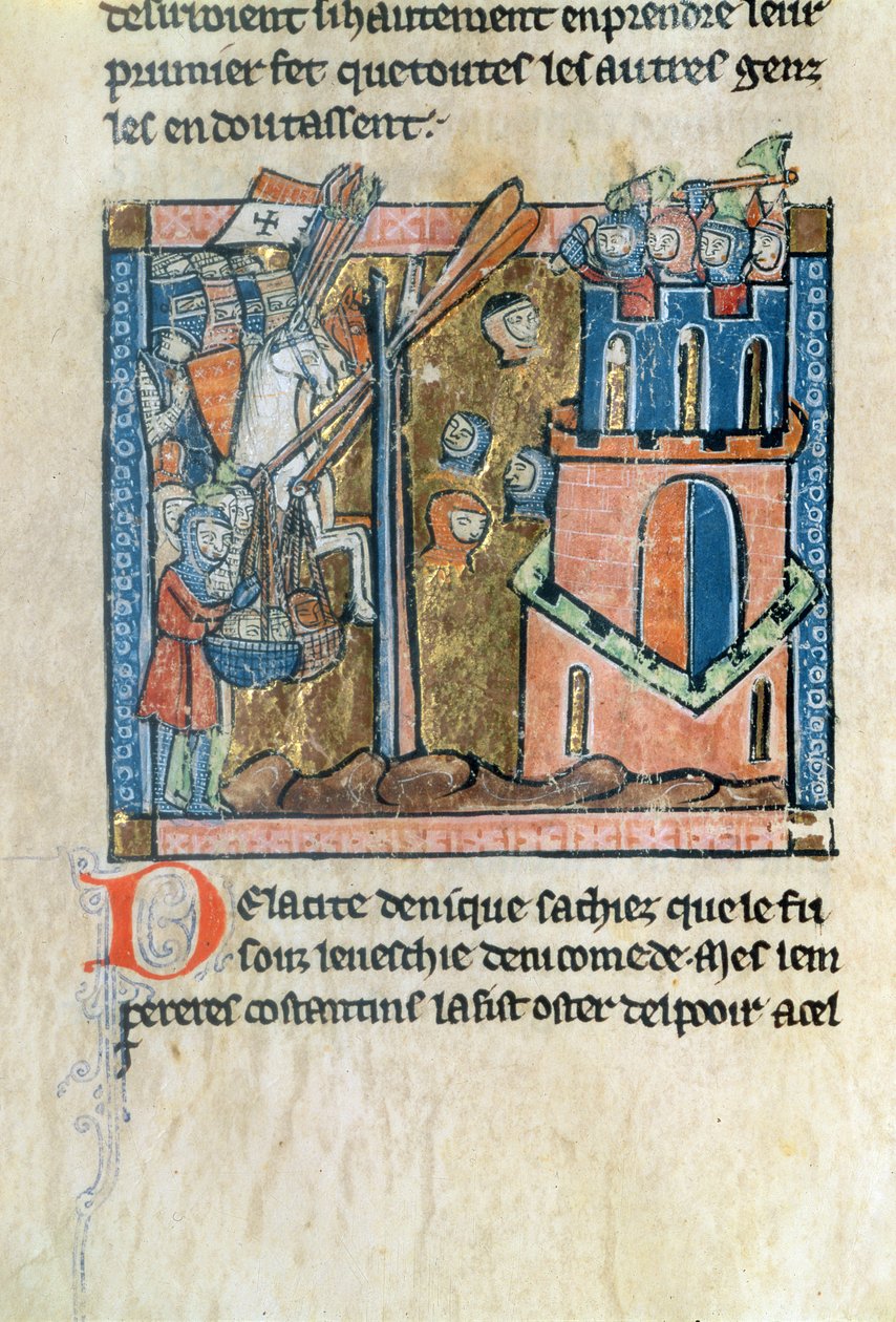 Fr.2630 f.22v قصف الصليبيون نيقية برؤوس في 1097 ، من Estoire d&39;Outremer بواسطة وليام صور